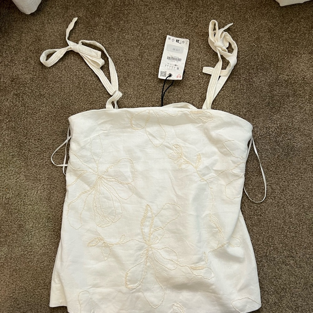 Zara White Floral Embroidered Tank Top